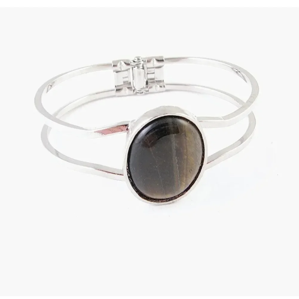 Tiger's Eye Stone Cuff Bangle Silver Toned Bracelet.